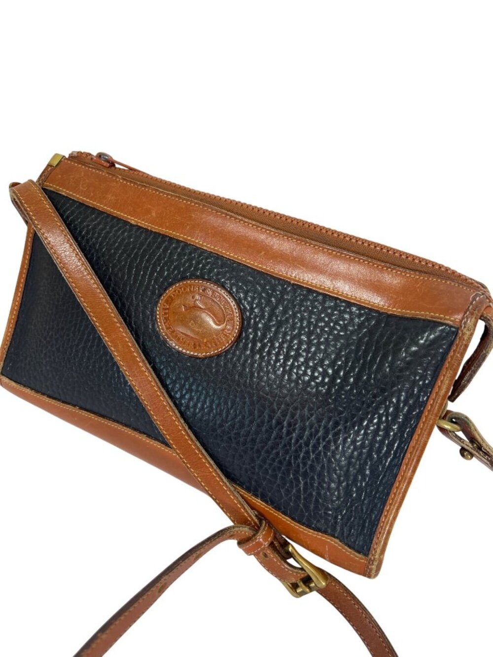 Dooney & Bourke Vintage Navy & Brown Pebble Leather Crossbody Bag With Adjustabl